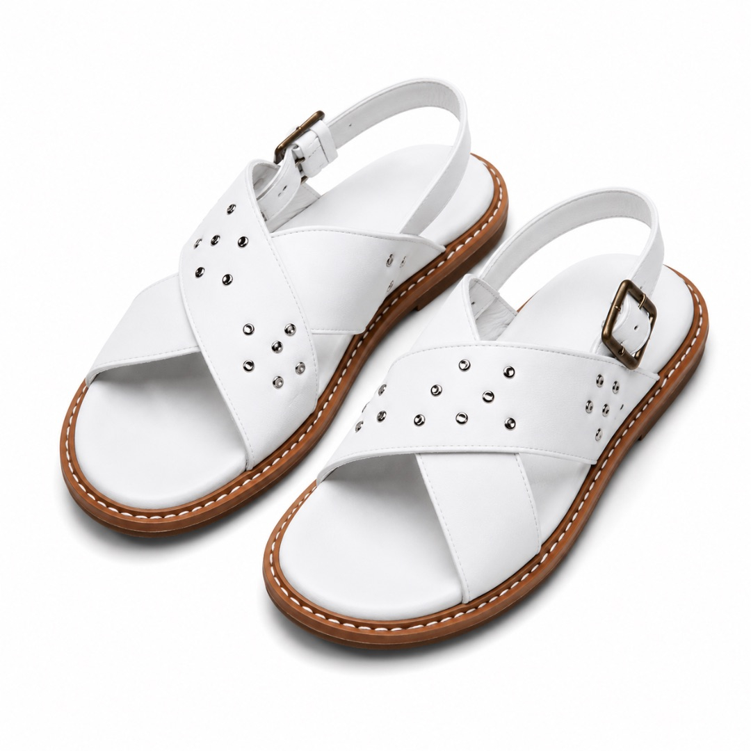 Mens White Studded Leather Sandals